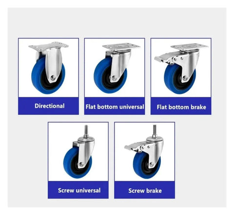 5 types of 3, 4, and 5 inch 304 stainless steel TPR casters with twin shaft and blue wheels for quiet rolling and floor protection