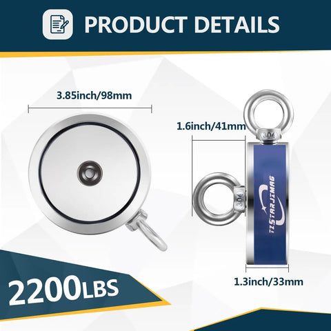 Heavy-Duty Double-Side Magnetic Fishing Kit With 2200 Lb Pull Power, 3.85 Inch Magnet Dimensions and Product Details