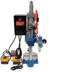 Heavy Duty Desktop Pneumatic Punch Press With Digital Display Adjustable Stroke For Sheet Metal Stamping Built Tough At 660 Lbs Force Knockout Workhorse And Two Button Switch front view with controller and foot switches