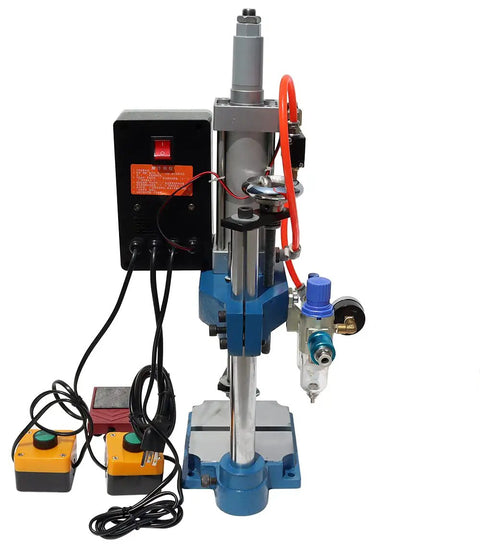 Heavy Duty Desktop Pneumatic Punch Press With Digital Display Adjustable Stroke For Sheet Metal Stamping Built Tough At 660 Lbs Force Knockout Workhorse And Two Button Switch front view with controller and foot switches