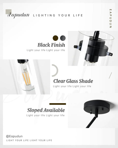 Industrial Pendant Light Fixture With Clear Glass Shade, E26 base, black finish, rustic farmhouse vibe ceiling light parts.