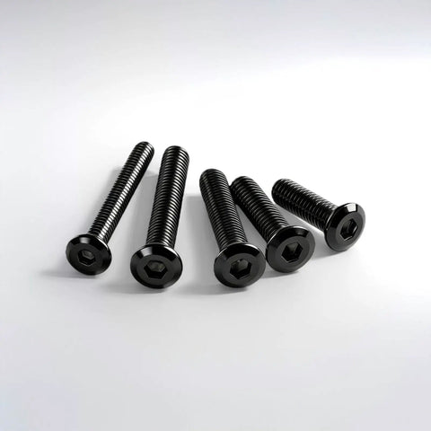 Tough As Nails 304 Stainless Steel Flat Head Hex Socket Cap Screws, 3/16 X 3/4 Inch, 50 Pack Black Oxide Finish, showing five fasteners.