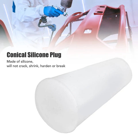 Bulk 50 Pack High Temp Silicone Tapered Plugs Set with conical stopper, blue gloves and painted surface in background