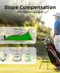 Golf Range Finder With Magnetic Mount Slope Compensation Flag Lock Vibration Measures In Yards Feet And Meters 1000 Yard Range USB C Rechargeable Battery And Top Notch Optics shown with golfer and bag illustration.