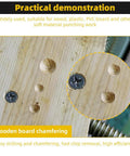 Three Pack Countersink Drill Bits With Six Flute Design And One Fourth Inch Hex Shank For Woodworking Burr Removal Hole Shaping And Trimming Plus A Ninety Degree Center Punch Set demonstrating wood chamfering