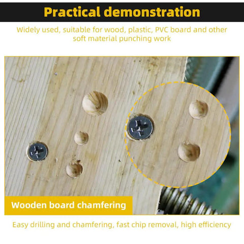 Three Pack Countersink Drill Bits With Six Flute Design And One Fourth Inch Hex Shank For Woodworking Burr Removal Hole Shaping And Trimming Plus A Ninety Degree Center Punch Set demonstrating wood chamfering