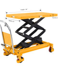 Heavy Duty Double Scissor Hydraulic Lift Cart Pack Of 10 With Rock Solid 1760 Lb Rating and Roomy 48 By 24 Inch Platform, showcasing scissor mechanism and wheels.