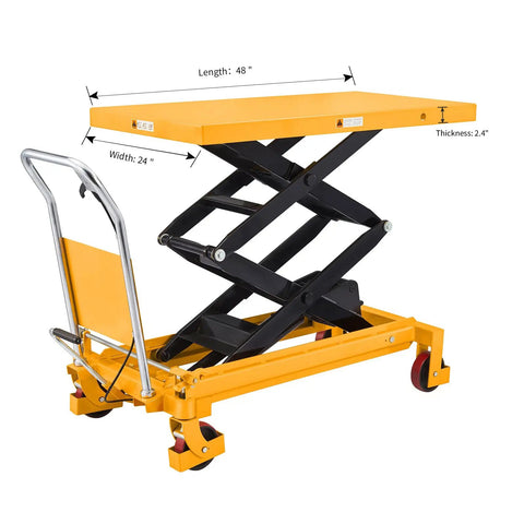 Heavy Duty Double Scissor Hydraulic Lift Cart Pack Of 10 With Rock Solid 1760 Lb Rating and Roomy 48 By 24 Inch Platform, showcasing scissor mechanism and wheels.