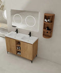 48 Inch Double Sink Bathroom Vanity With Soft Close Cabinet Doors, Dual Resin Sinks, And Modern Oak Finish, top view in a bright bathroom.