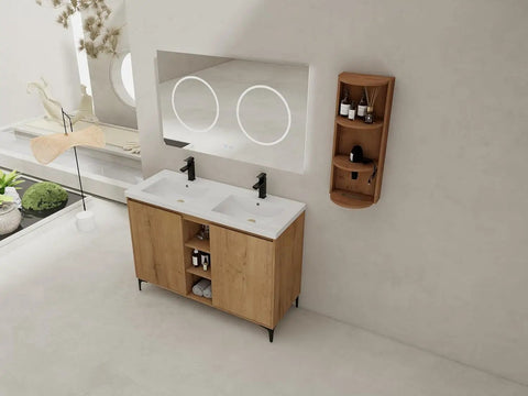 48 Inch Double Sink Bathroom Vanity With Soft Close Cabinet Doors, Dual Resin Sinks, And Modern Oak Finish, top view in a bright bathroom.