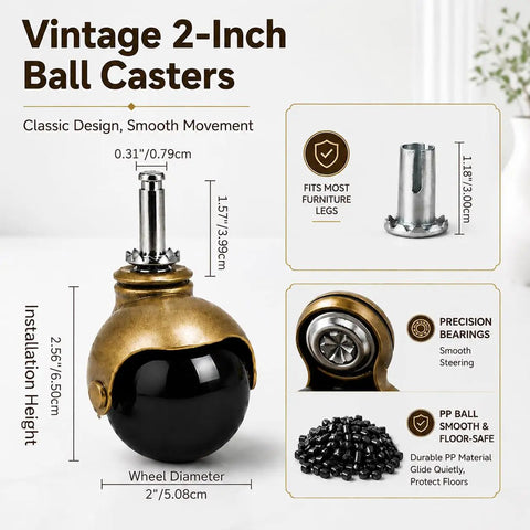 Two Inch Ball Caster Wheels Set Of Four For Furniture Replacement Antique Brass Stem Chair Casters For Chairs Cabinets Coffee Tables And Office Furniture For Smooth Rolling 360 Lbs Per Set No Fuss Easy Glide. 2-inch brass ball caster with stem