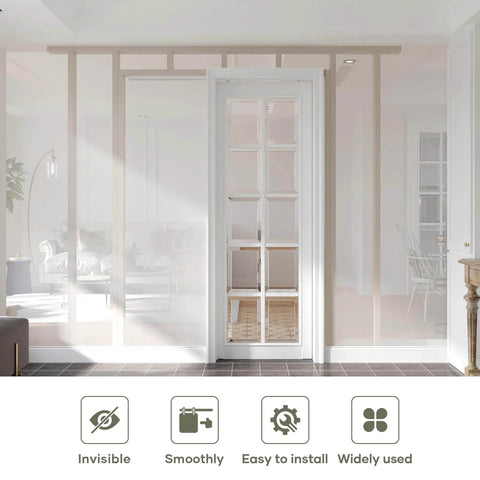 Five Point Three Foot Sliding Pocket Door Hardware Kit For Commercial Grade Aluminum Box Rail Track With Quiet Smooth Rollers And Easy Install Fits Twenty Three To Thirty Two Inch Wide Single Doors installed view