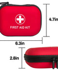 Front view of red zippered mini first aid kit case with white cross and FIRST AID KIT text; 6.3in wide x 4.7in tall x 2.8in thick.