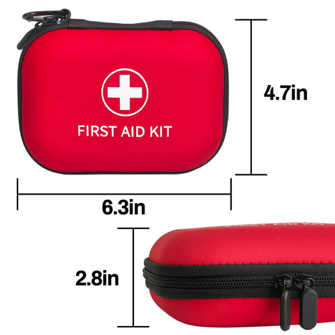 Front view of red zippered mini first aid kit case with white cross and FIRST AID KIT text; 6.3in wide x 4.7in tall x 2.8in thick.
