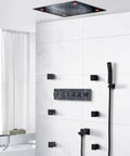 Top Shelf Ceiling Mount Rain Shower Kit With Bright LED Temp Display And Swift Handheld Switch Featuring Polished Body Jets Brushed Gold Thermostatic Valve Solid Build Bath Upgrade with ceiling rain shower and handheld wand.