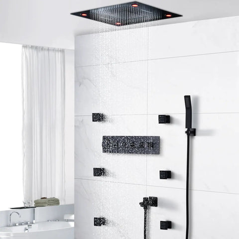 Top Shelf Ceiling Mount Rain Shower Kit With Bright LED Temp Display And Swift Handheld Switch Featuring Polished Body Jets Brushed Gold Thermostatic Valve Solid Build Bath Upgrade with ceiling rain shower and handheld wand.