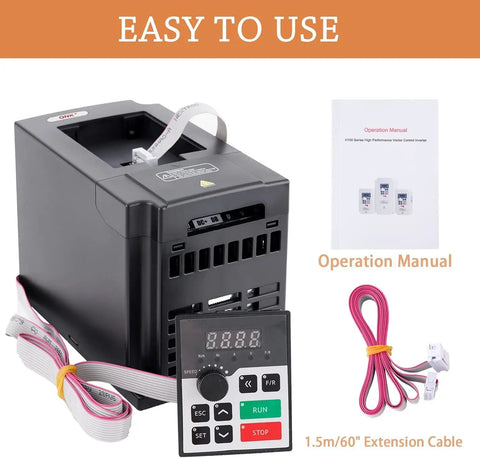 Beefed Up 1.5KW VFD Motor Speed Controller with cables, control panel, manual, and extension cable displayed
