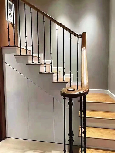 Built Tough Metal Round Baluster Railing Post For Stairway Banisters And Deck Fences With No Sweat Ground Mount Setup For Straight Lines Or Tight Spiral Angles on staircase