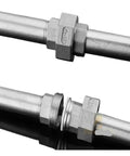 Heavy Duty 304 Stainless Steel Union Joint Coupling Male To Male BSP Pipe Fitting Smooth Water Flow Plumbing Hookup shown from above and side view.