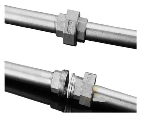 Heavy Duty 304 Stainless Steel Union Joint Coupling Male To Male BSP Pipe Fitting Smooth Water Flow Plumbing Hookup shown from above and side view.