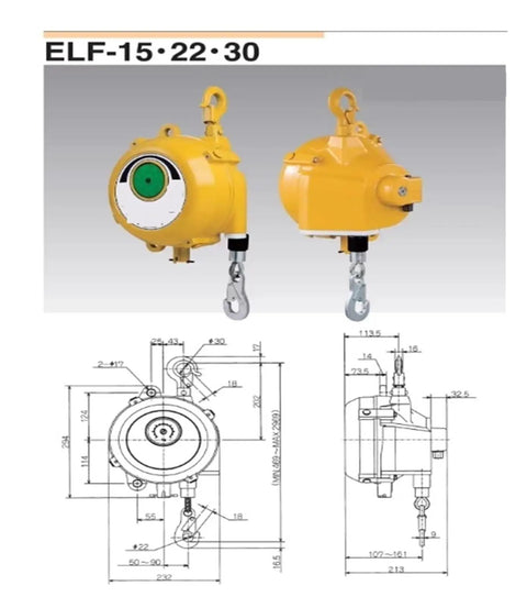Industrial Zero Gravity Tool Balancer Adjustable Spring Counterweight Heavy Duty Workshop Safety Rig shown with dimensions and hooks.