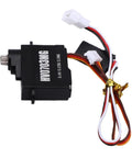 Lightweight 7.1 Gram Mini Servo Motor With Toughened Metal Gears And Machined Aluminum Casing for RC builds, side view.