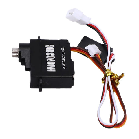 Lightweight 7.1 Gram Mini Servo Motor With Toughened Metal Gears And Machined Aluminum Casing for RC builds, side view.