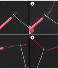 Step-by-step use of 5 Pcs Needle Threader Set For Hand Sewing And Sewing Machines, Automatic Threading Device with pink handle.