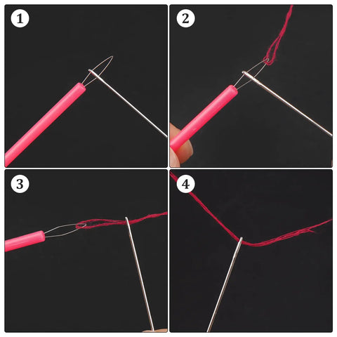 Step-by-step use of 5 Pcs Needle Threader Set For Hand Sewing And Sewing Machines, Automatic Threading Device with pink handle.
