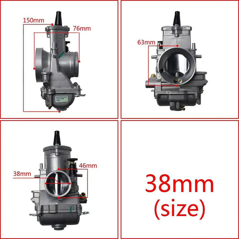 Universal Carburetor Kit 34 36 38 40 42mm for Shift Karts 2T Racing Motorcycles Scooters, 38mm size dimensions shown.