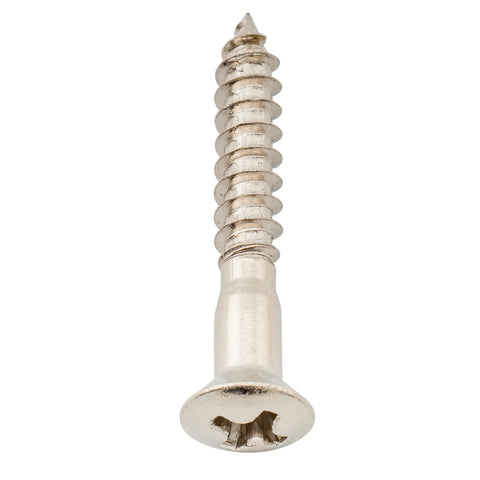 Gig Ready Hella Tough Stainless Steel Countersunk Screws 3.5Mm By 25Mm close-up showing nickel coating and sharp tip for electric guitar.