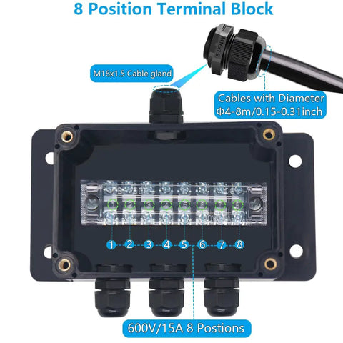 IP67 Outdoor Waterproof Junction Box With Built In Potted Gasket, 15A 600V 8P Barrier Terminal, 1In 3Out Electrical Box
