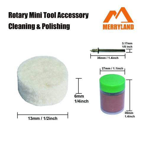 Flet Polishing Wheel Kit For Dremel Rotary Tools, felt wheel, mandrel, paste jar with measurements, 125-piece accessories.