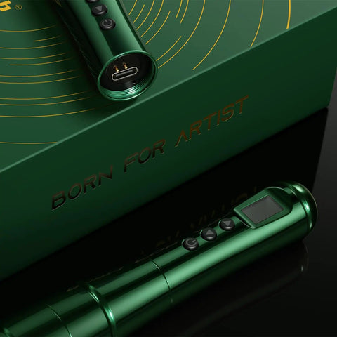 Wireless Permanent Makeup Tattoo Pen Kit With Two Rechargeable Batteries displayed with emerald box labeled 'Born for Artist'.