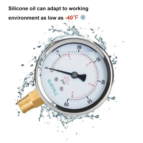 Elecall 60psi silicone-oil filled pressure gauge, 2-1/2 in stainless steel case, lower 1/4 in NPT, front view