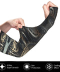 Premium Unisex Ice Silk Sun Protection Arm Sleeves being stretched to show elasticity and design, ideal for summer cycling and fishing.