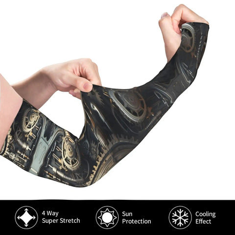Premium Unisex Ice Silk Sun Protection Arm Sleeves being stretched to show elasticity and design, ideal for summer cycling and fishing.