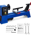 GarveeTech wood lathe, blue benchtop front view with tailstock and tool rest; includes wrenches, washers and manual.