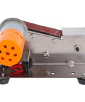 Plug And Play Mini Electric Belt Sander With Twenty Emery Belts Heavy Duty Desktop Grinder showing orange motor and steel chassis.
