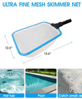 All In One 18 Inch Pool Cleaning Kit With Repairable Net And 18 Inch Round Brush 11 Inch Ultra Fine Mesh Skimmer Chlorine Floater And Handy Scrubber For Easy Debris Cleanup ultra fine mesh skimmer net, 13.6 x 12.6 in