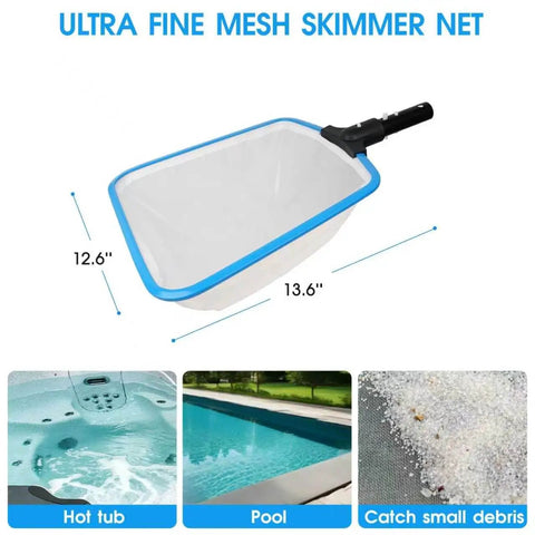 All In One 18 Inch Pool Cleaning Kit With Repairable Net And 18 Inch Round Brush 11 Inch Ultra Fine Mesh Skimmer Chlorine Floater And Handy Scrubber For Easy Debris Cleanup ultra fine mesh skimmer net, 13.6 x 12.6 in