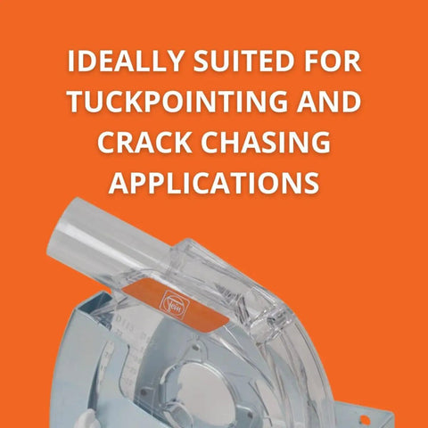 Ecoguard WS Tuckpointing Dust Guard For Angle Grinders Up To Five Inches Black Fits Four And A Half To Five Inch High Speed Grinders Masonry Dust Shield For Tuckpointing And Debris Containment On The Job against orange background showing logo.
