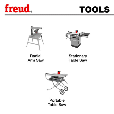 Radial arm saw, stationary table saw, and portable table saw under 'Freud Tools' heading
