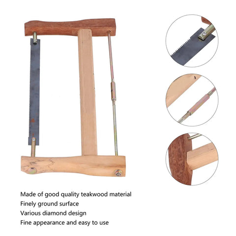 Medium Frame Saw Blade Replacement For Woodworking And Carpentry Smooth Draw Cut Design with teak handle and blade close-up.