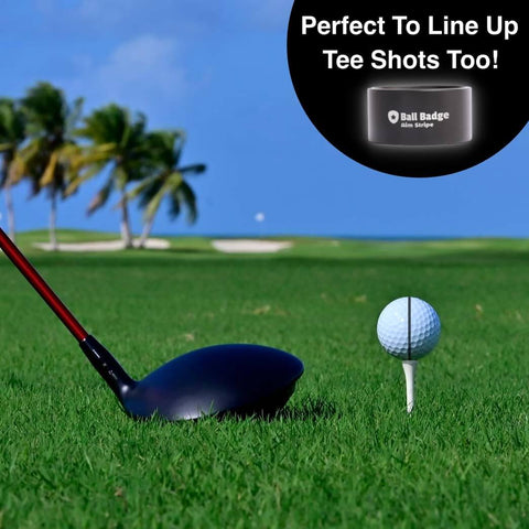 Golf ball on tee with club, text reads 'Perfect to line up tee shots too', 360 Degree Golf Ball Line Marker Kit With Full Metal Alignment Tool And Bag Attachment For Precise Putting Alignment Ball Marker And Alignment Aid For Consistent Drives And Putts.