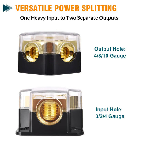 12V Power Distribution Block 2 Way Ground Splitter For Car Audio With Protective Cover And Beefy Gold Plated Brass Terminals Handles 0 2 4 Gauge Input To 4 8 10 Gauge Output Heavy Duty Ground Block For Automotive Marine Boat Truck, shown with input and output holes
