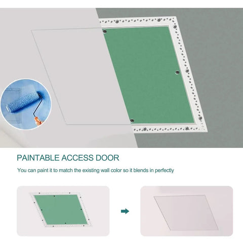 Slick Hidden Ceiling Access Panel, Smooth Flush Mount Drywall Inspection Hatch, Heavy Duty Aluminum Gypsum Service Door, Paintable Plasterboard Cover For Hassle Free Home Upgrades And Quick Fixes 16 By 16 Inch with a green panel for blending into walls.