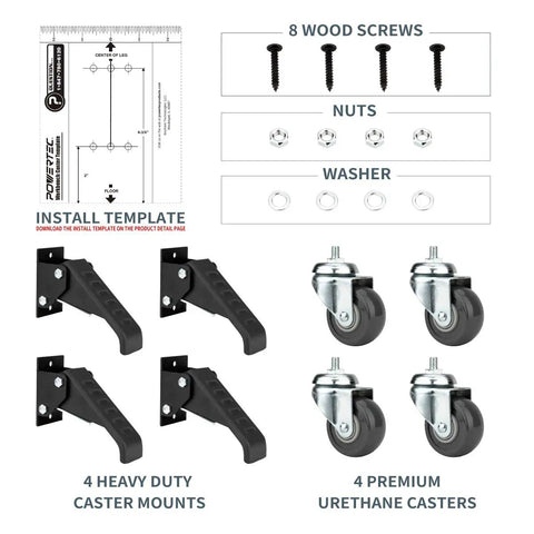 Heavy Duty Workbench Caster Kit With Four Two And A Half Inch Swivel Wheels And Four Hundred Pound Capacity, mounting hardware