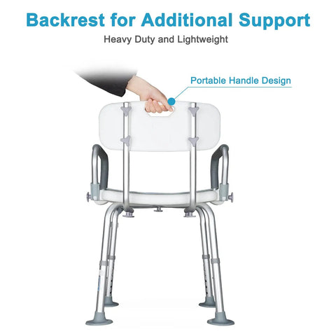 Heavy Duty Shower Chair With Detachable Arms And Back 350 Lb Capacity Non Slip Bath Seat With Grab Bar And Four Rubber Tips Inside Shower Stool showing backrest and portable handle design.
