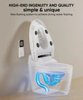 Premium Smart Toilet With Built In Bidet, Tankless Heated Seat, Aggressive Flush System, And Warm Water Spray side view with remote and flush system.